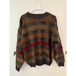 Tosani Textured Knit Sweater Mens Small Brown Striped Crewneck Made Canada